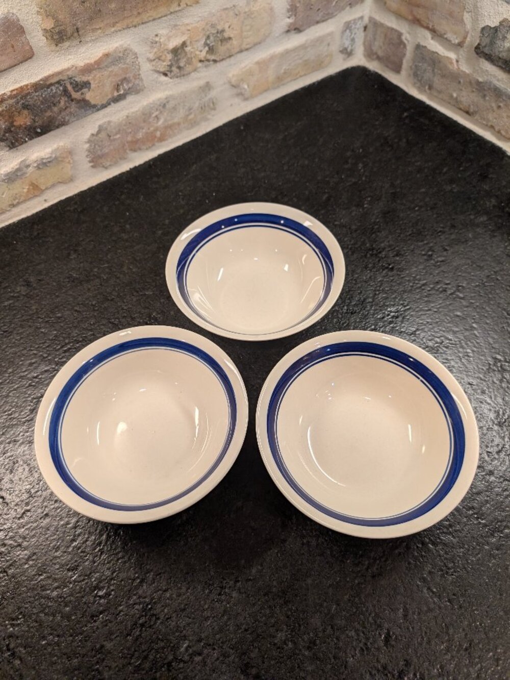 Set of 3 Vintage Stoneware 7” Prinetti Cereal Soup Bowls Blue Band Ring Stripe